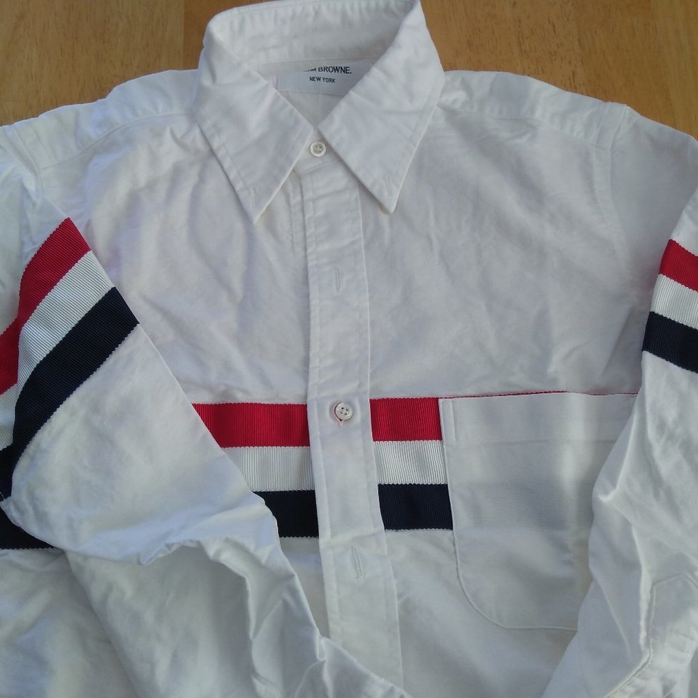 New Thom Browne White Oxford Cloth Button Down 3 Grosgrain Body Stripes TB0